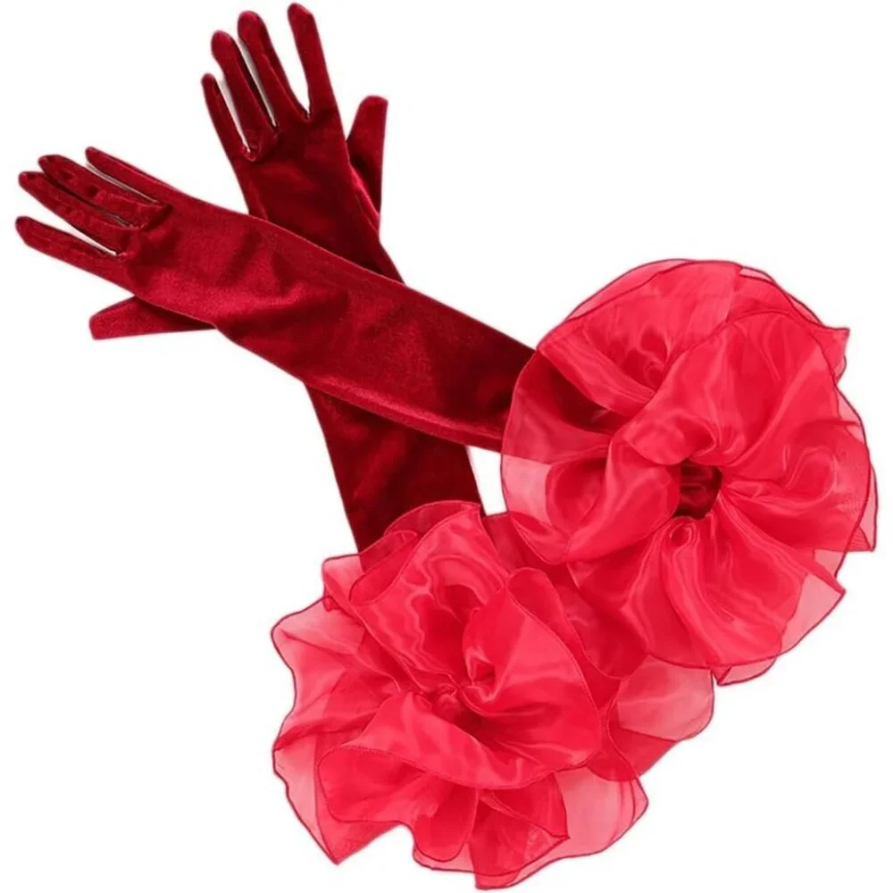Women's Velvet Wine Red 65cm Satin Tulle  Puff Long Gloves Banquet Wedding Party